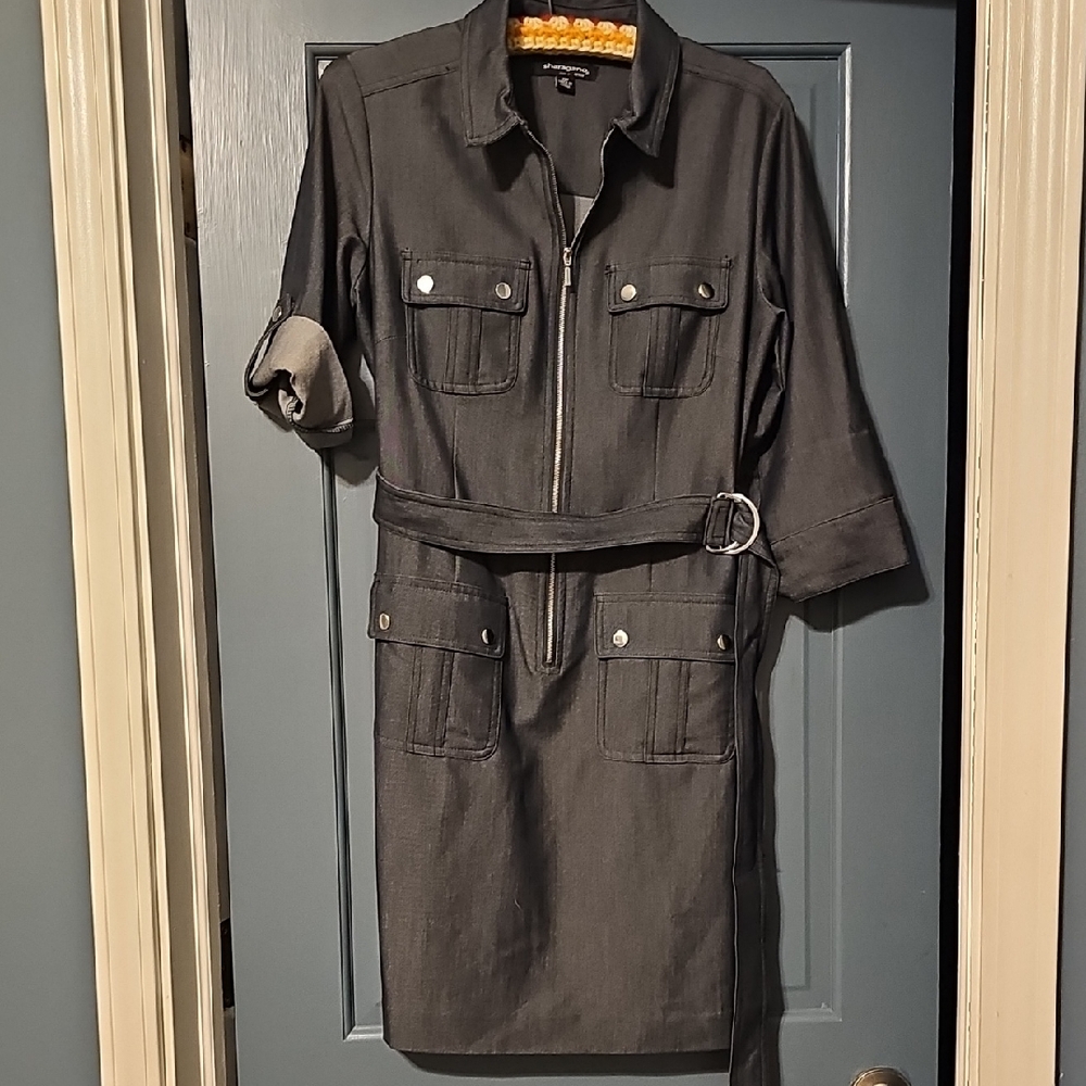 Sharagano Dress Charcoal Utility Jacket Jean Like Zipper 10 Petite Stretch Midi